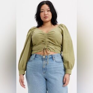 Levi’s Devin cotton plaid front tie/rouching balloon sleeve top